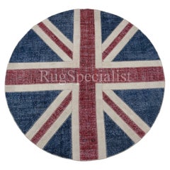 8x8 Ft Round Handmade Patchwork Rug. Union Jack British Flag Design Carpet