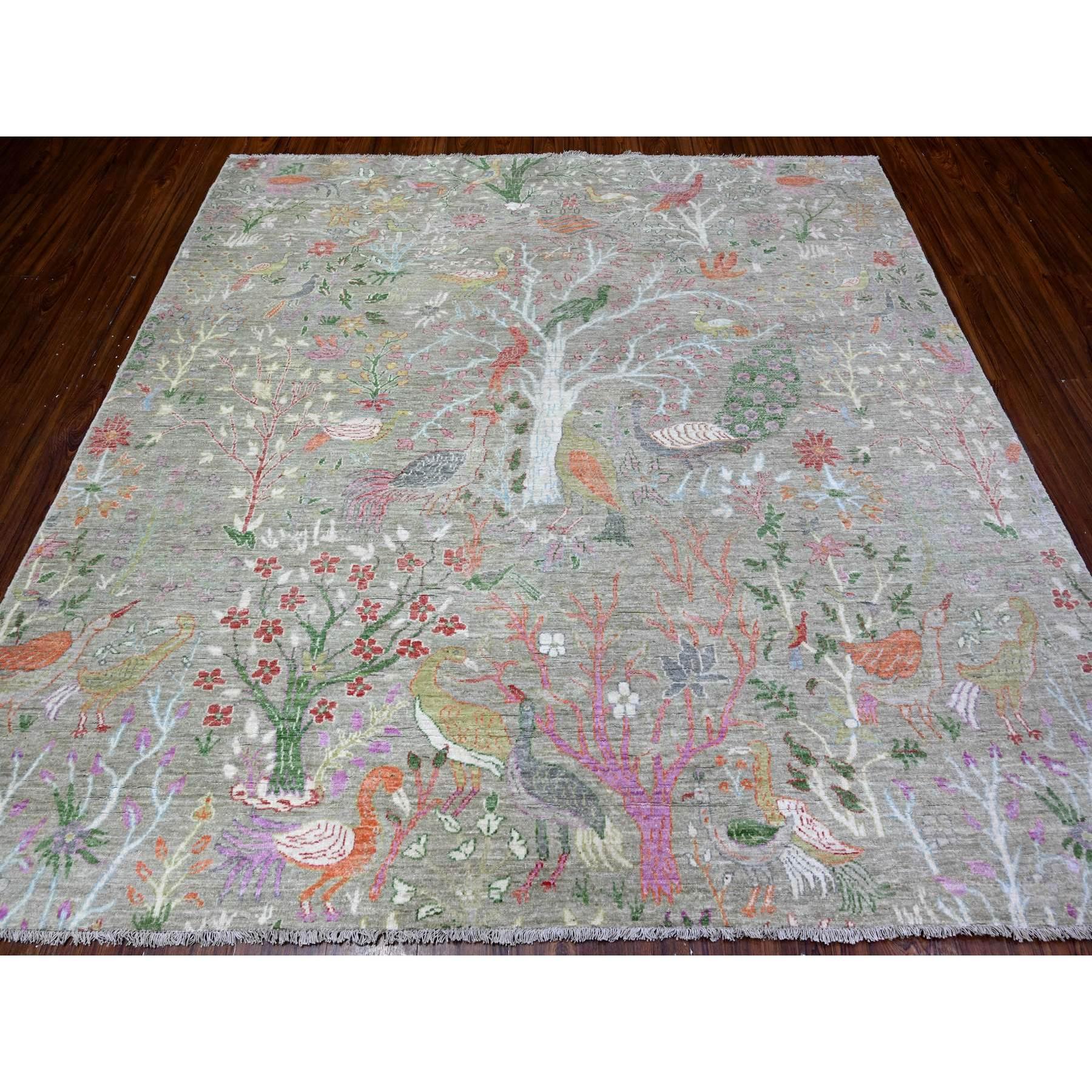 Gin Green, Soft Wool, Afghan Peshawar with Birds of Paradise, Hand Knotted, Vegetable Dyes, Square, Oriental Rug
Primary materials: Wool
Latex: No Pile 
height: 0.25 Inches
Style: Transitional
Primary color: Green
Secondary colors: Red, Yellow,