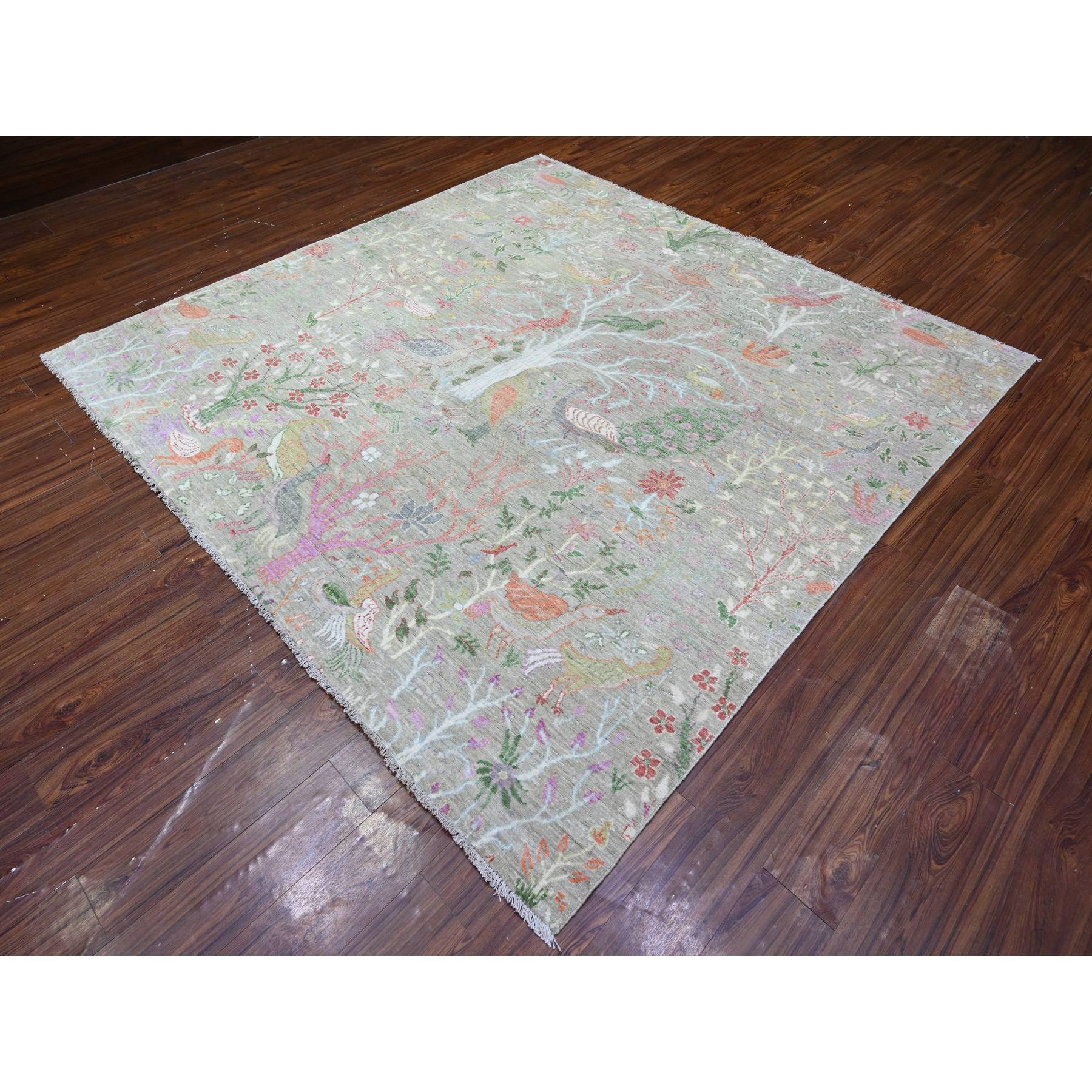 Medieval 8'x8' Gin Green, Soft Wool, Afghan Peshawar, Hand Knotted Square Rug For Sale