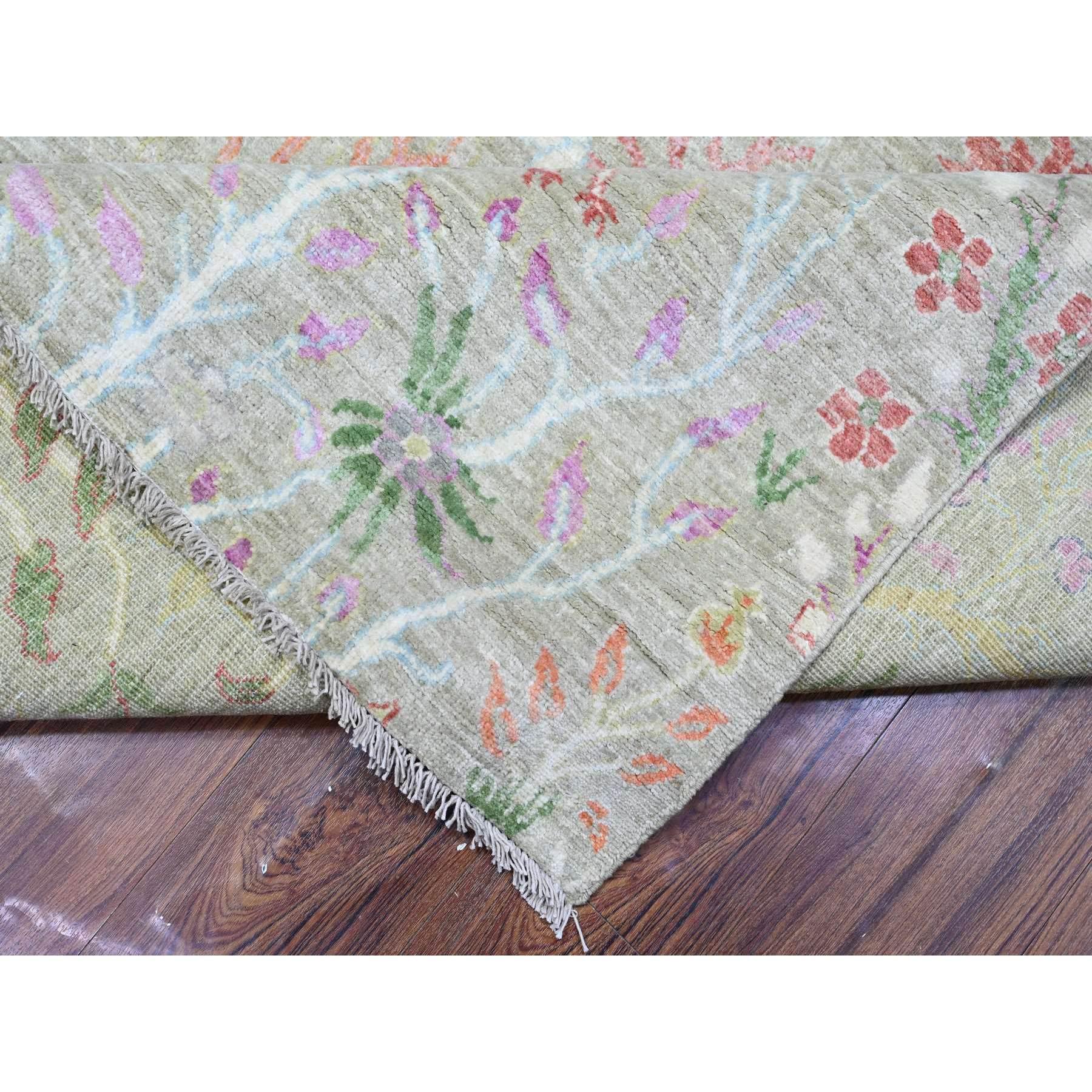 Contemporary 8'x8' Gin Green, Soft Wool, Afghan Peshawar, Hand Knotted Square Rug For Sale