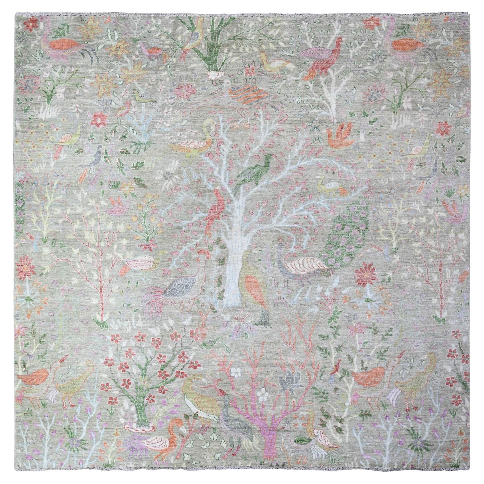 8'x8' Gin Grüner, weicher Wollteppich, afghanischer Peshawar, handgeknüpfter quadratischer Teppich