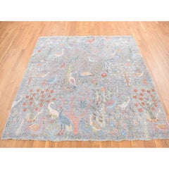 8'x8' Gray, Afghan Peshawar Birds of Paradise, Tappeto quadrato in lana annodato a mano