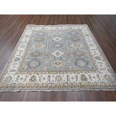 8'x8' Gray and Ivory Karajeh Design Geometric Medallion Natural Wool Square Rug