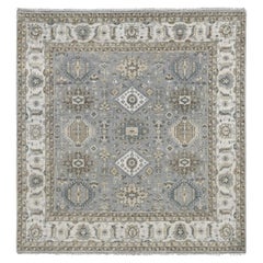 Tappeto quadrato in lana naturale 8'x8' grigio e avorio Karajeh Design Medaglioni geometrici