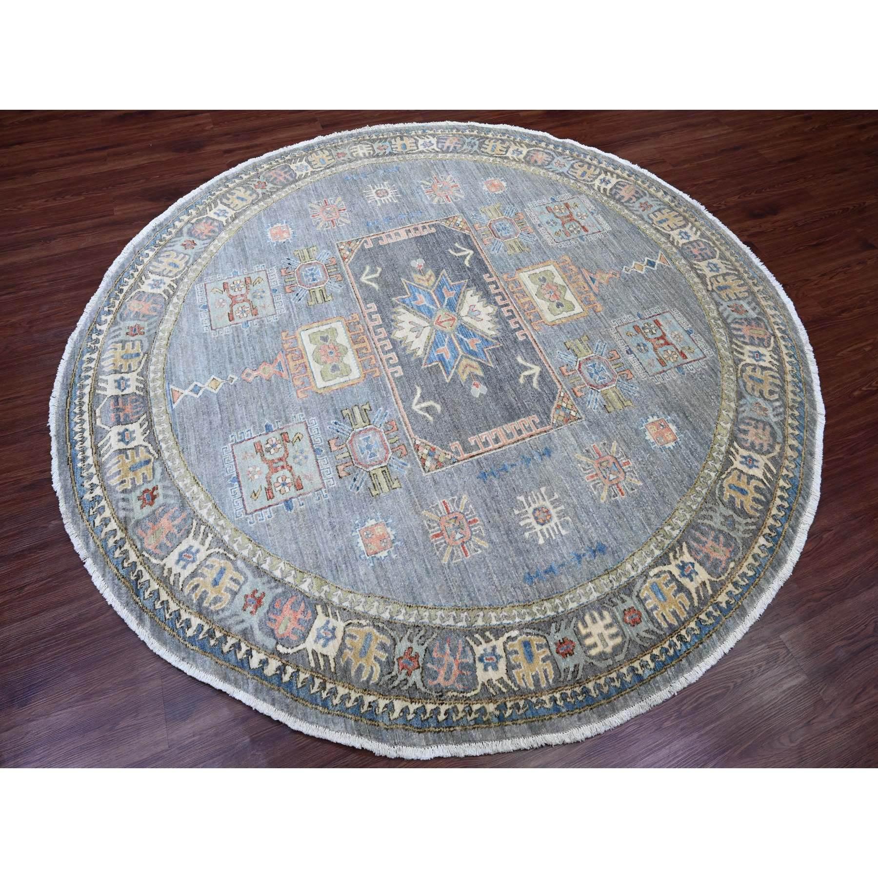 8'x8' Grau Antik Kaukasisch Einfluss Design Hand geknüpft Wolle Runde Teppich (Oushak) im Angebot