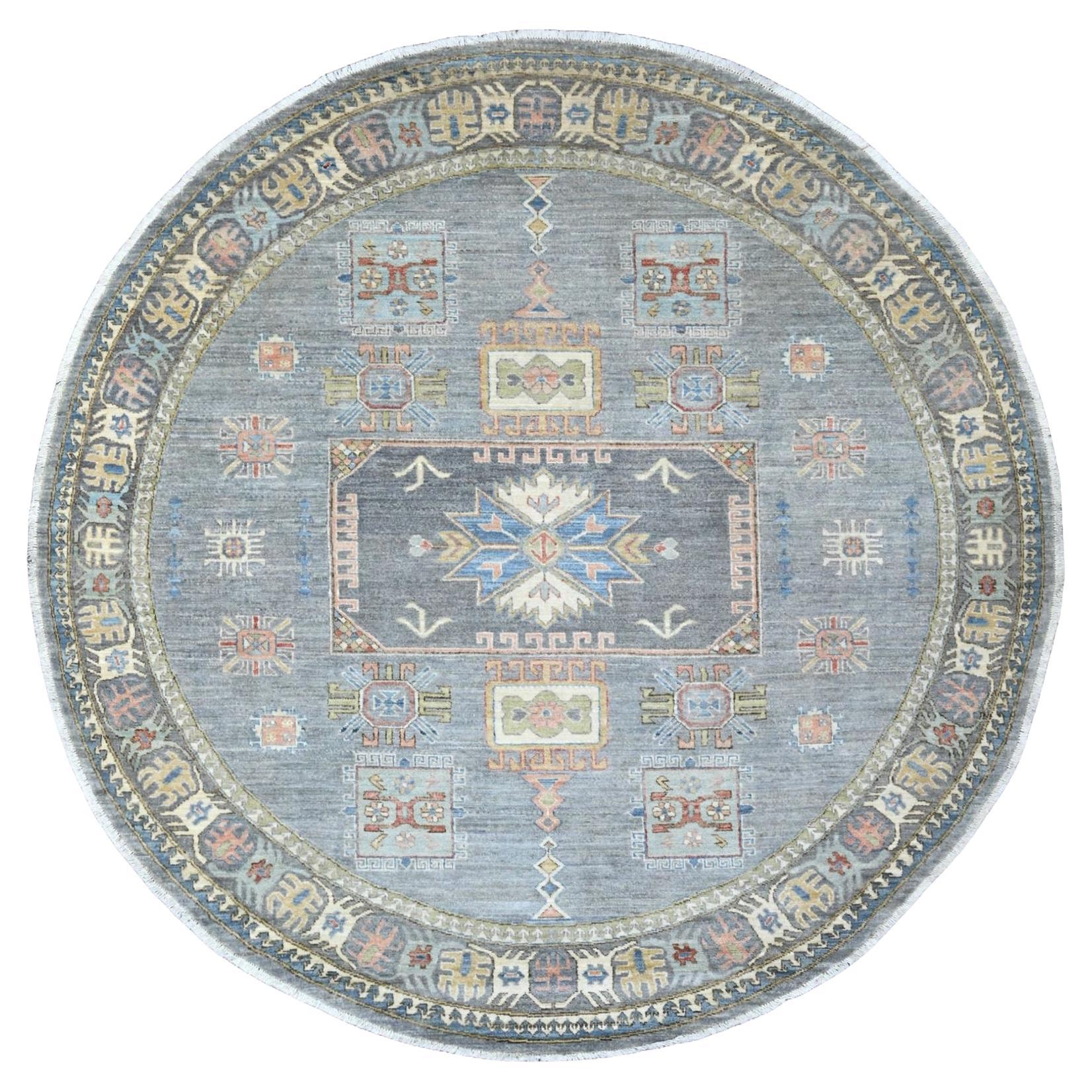 8
x8
 Grau Antik Kaukasisch Einfluss Design Hand geknüpft Wolle Runde Teppich im Angebot