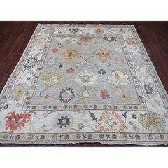 8'x8' Gray Hand Knotted Afghan Angora Oushak Leaf Design Wool Square Rug