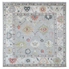 8'x8' Gray Hand Knotted Afghan Angora Oushak Leaf Design Wool Square Rug