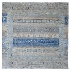 Tapis carré en laine douce 8'x8' Gris noué à la main Figurines d'animaux Kashkuli