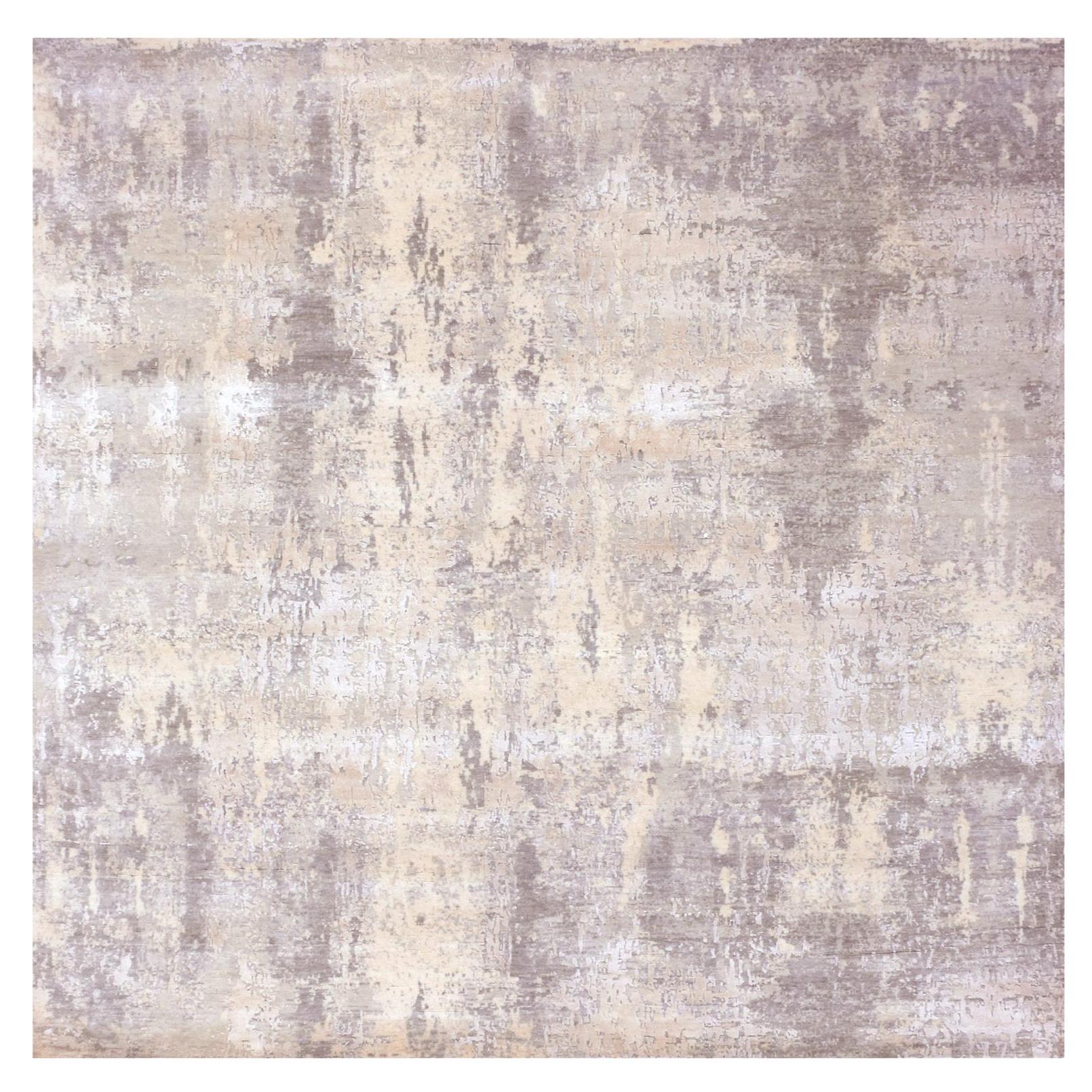 8'x8' Gray Hand Knotted Modern Abstract Design Wool and Silk Square Rug For Sale