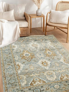 8x8 Gray Hand-Knotted Wool Framed Rosettes Geometric Modern Carpet Rug