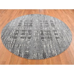 8'x8' Gray, Hand Spun Undyed Natural Wool, Modern, Hand Knotted, Round, Rug