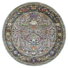8'x8' Gray Peshawar with Bijar Garus Design Hand Knotted Wool Round Rug