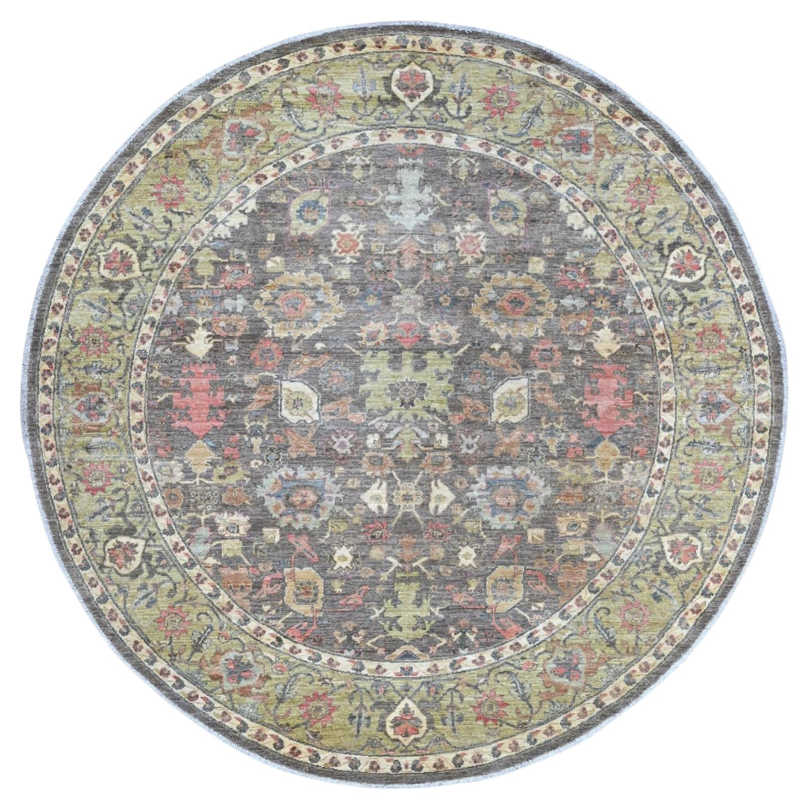 8'x8' Gray Peshawar with Ziegler Mahal Design Hand Knotted Wool Round Rug For Sale