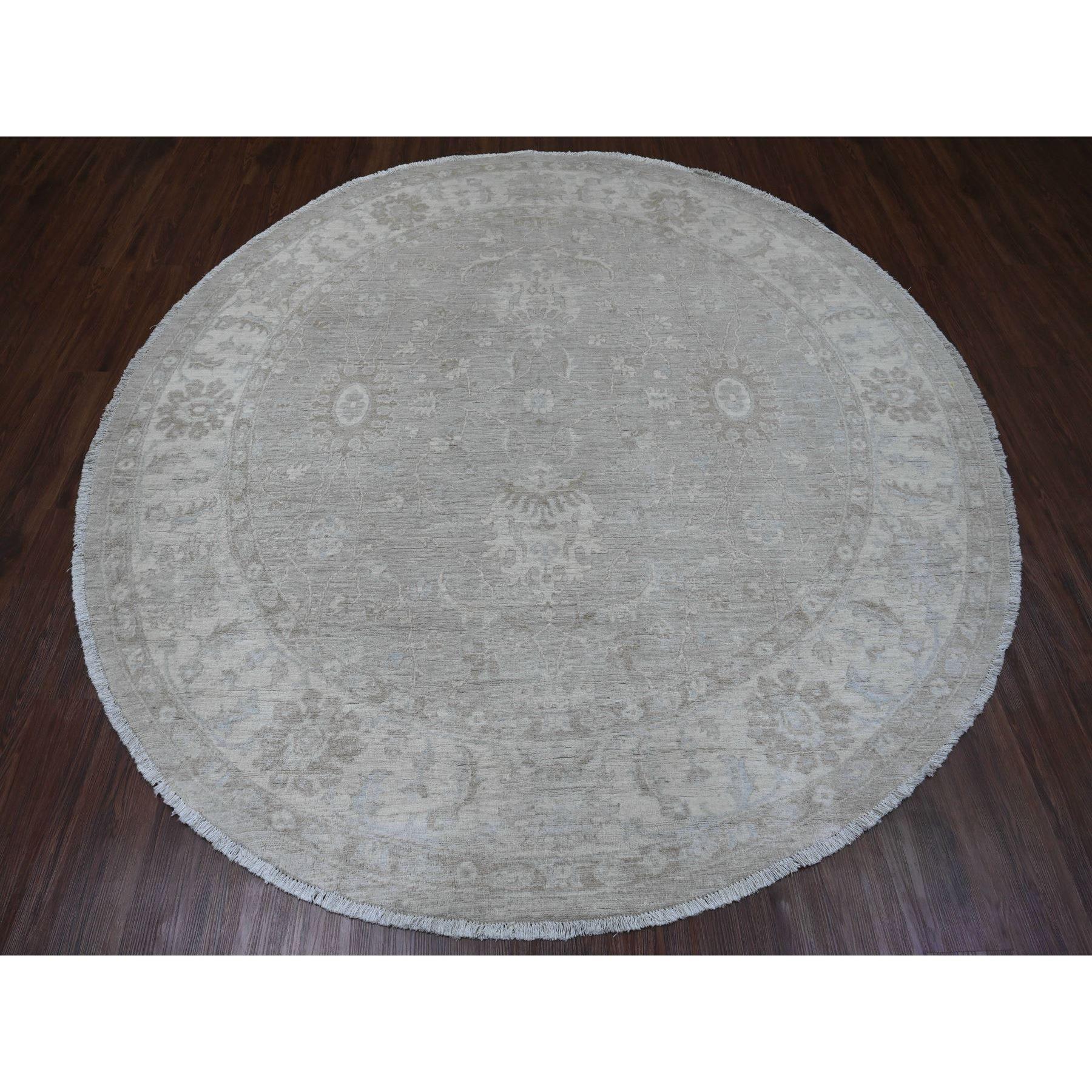 Misty Gray, Washed Out Ziegler Mahal Revival with All Over Pattern, Hand Knotted, 100% Wool, Round, Oriental Rug
Primary materials: Wool
Latex: No Pile 
height: 0.25 Inches
Style: Transitional
Primary color: Grey
Secondary colors: Brown
Pattern: