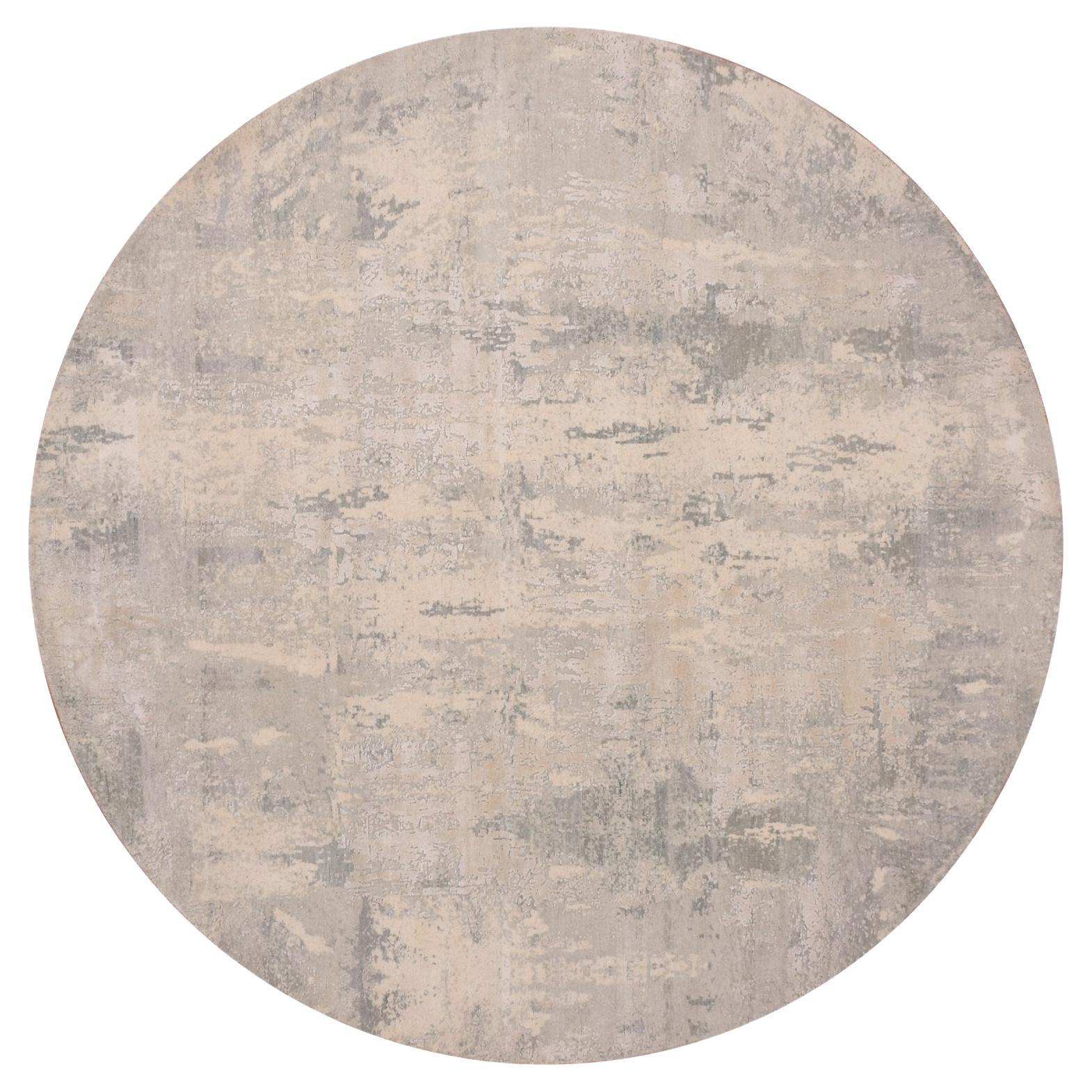 8'x8' Alfombra Redonda de Lana y Seda Gris Anudada a Mano con Diseño Abstracto Moderno