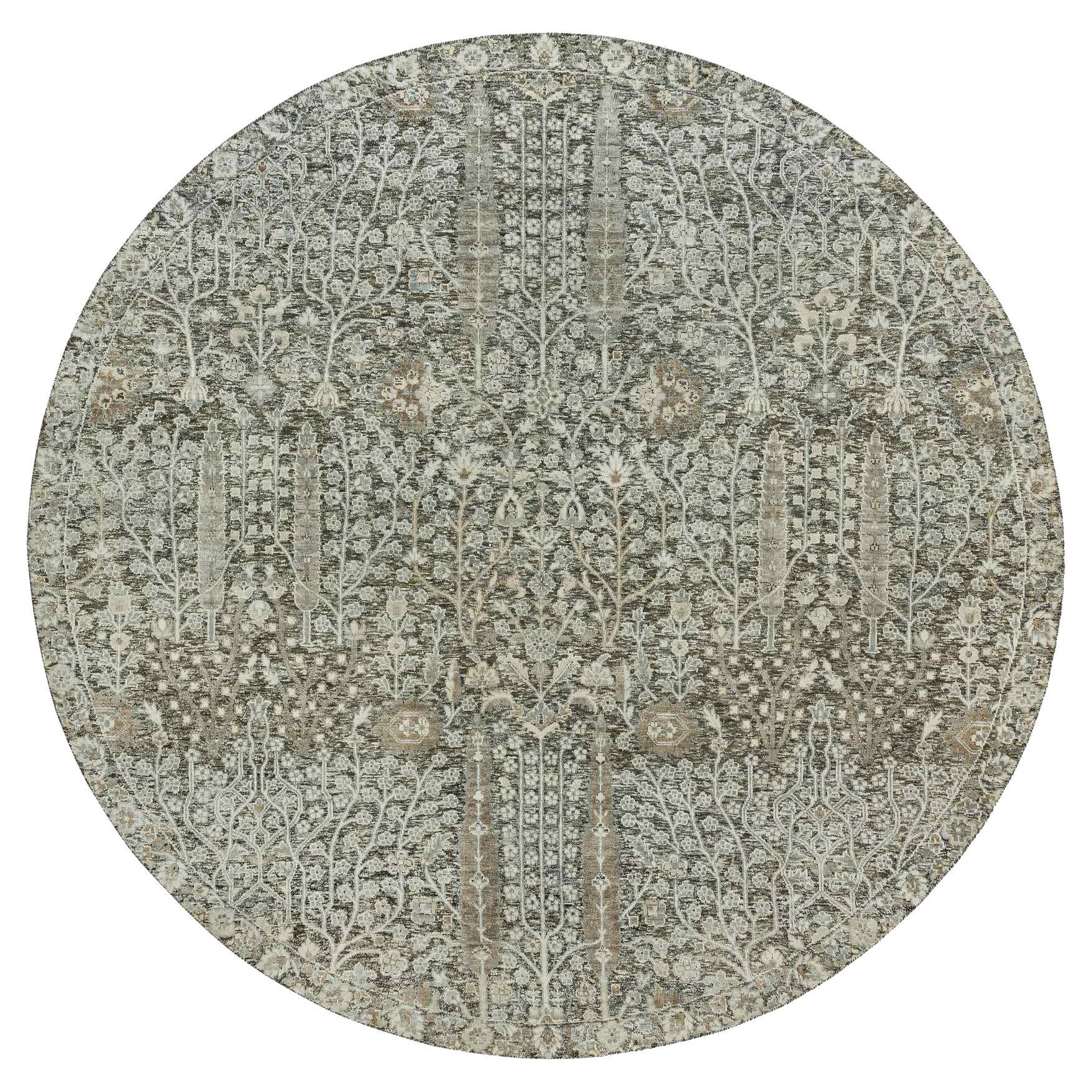 8'x8' Tappeto rotondo grigio in lana e seta annodato a mano con salice e cipresso