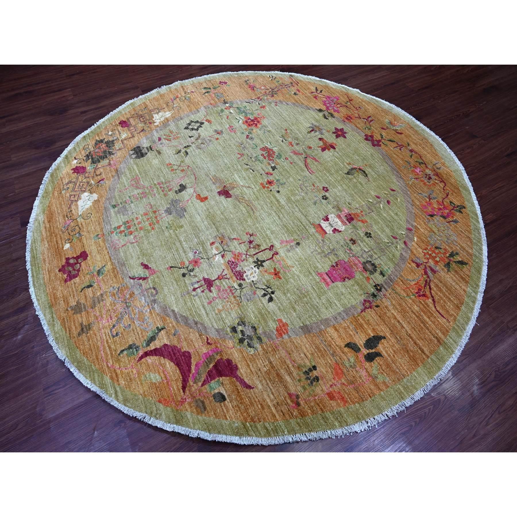 Oushak 8'x8' Green Chinese Art Deco Inspired Peshawar Hand Knotsted Wool Round Rug (Tapis rond en laine nouée à la main) en vente