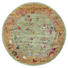8'x8' Green Chinese Art Deco Inspired Peshawar Hand Knotsted Wool Round Rug (Tapis rond en laine nouée à la main)