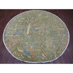8'x8' Green Peshawar Birds of Paradise Design Hand Knotted Wool Round Rug