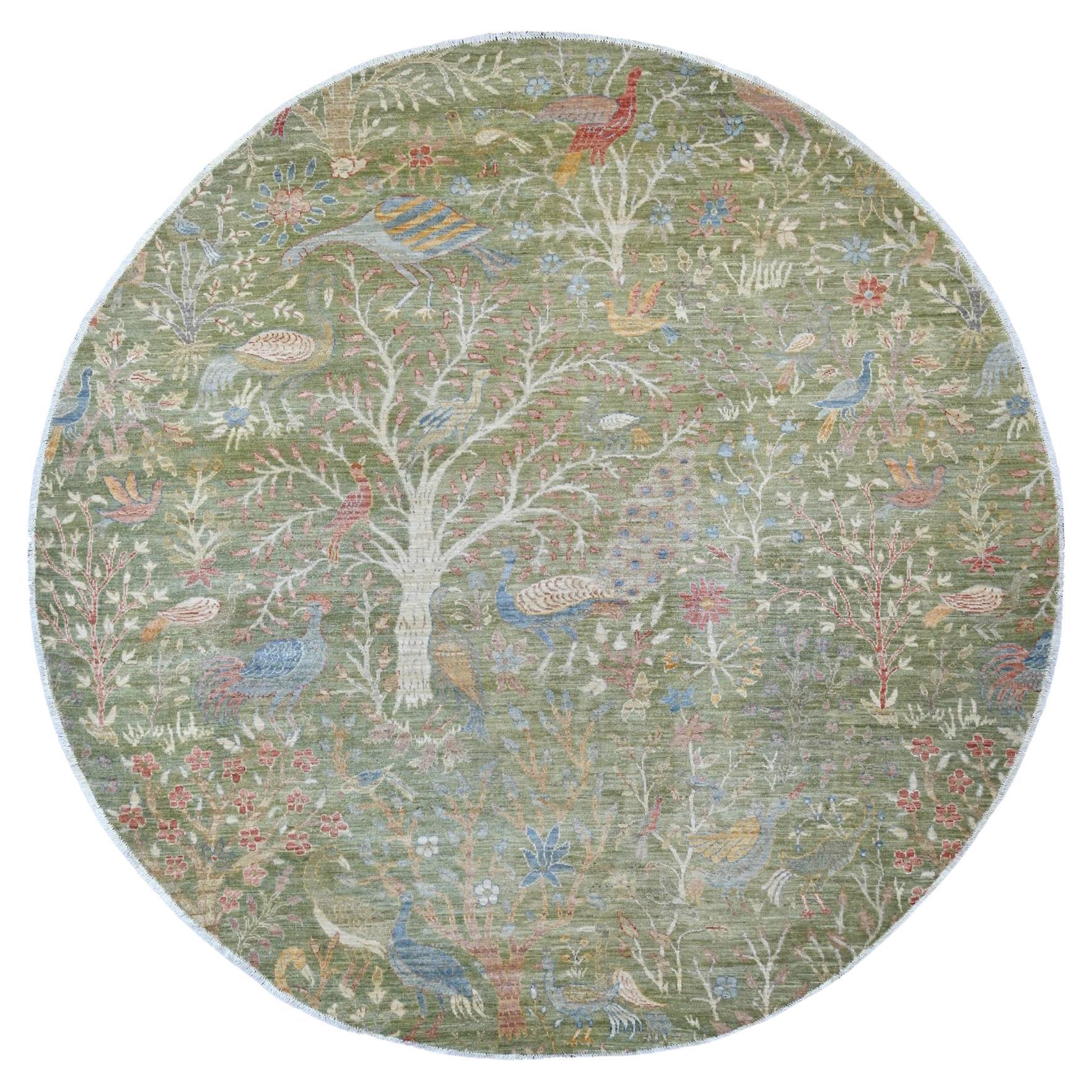 Alfombra Redonda de Lana Anudada a Mano con Diseño de Aves del Paraíso Peshawar Verde 8
x8 en venta