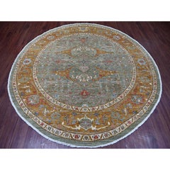 8'x8' Green Peshawar with Bijar Garus Design Hand Knotted Wool Round Rug