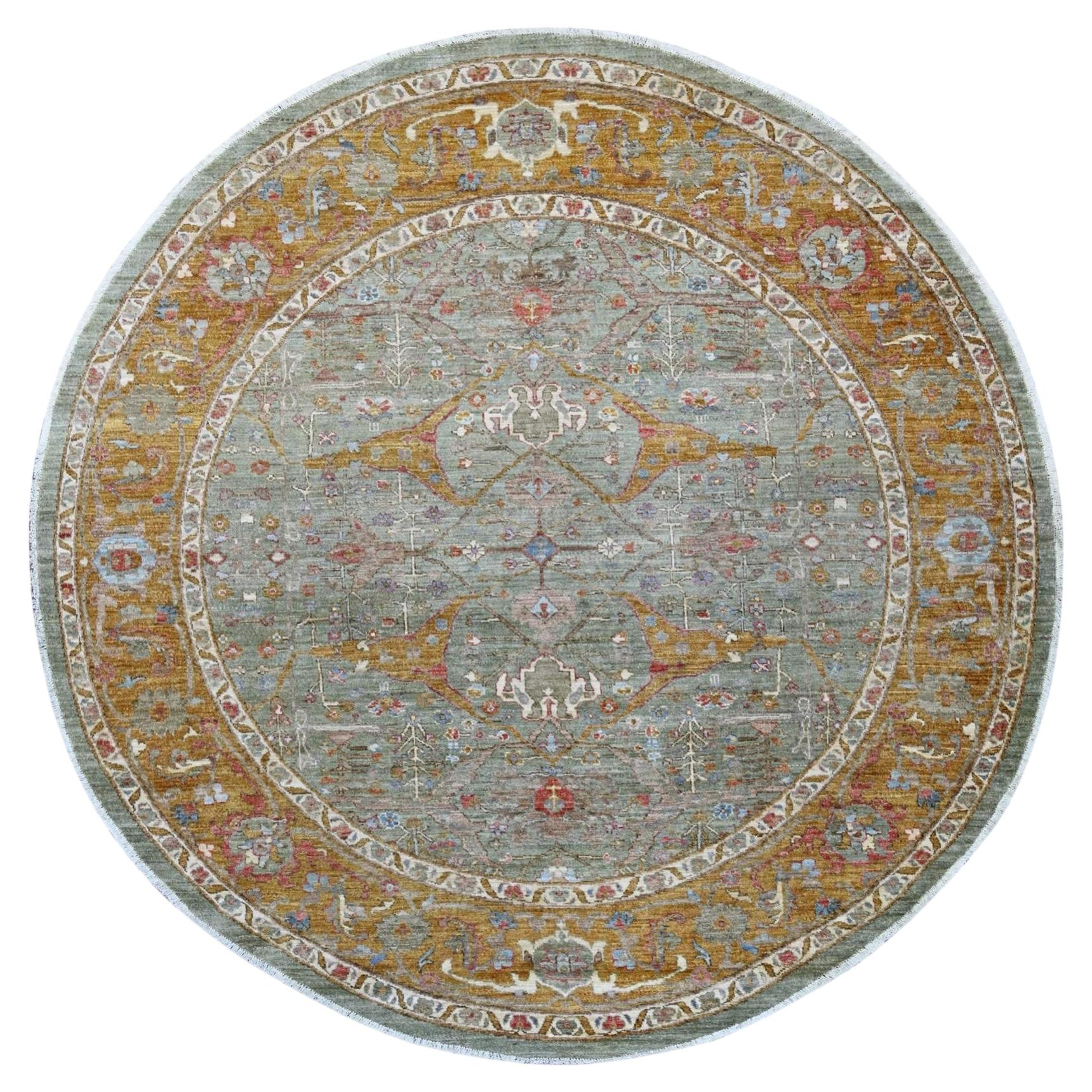 8'x8' Green Peshawar with Bijar Garus Design Hand Knotted Wool Round Rug For Sale