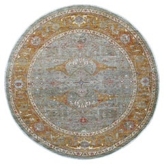 8'x8' Green Peshawar with Bijar Garus Design Hand Knotted Wool Round Rug