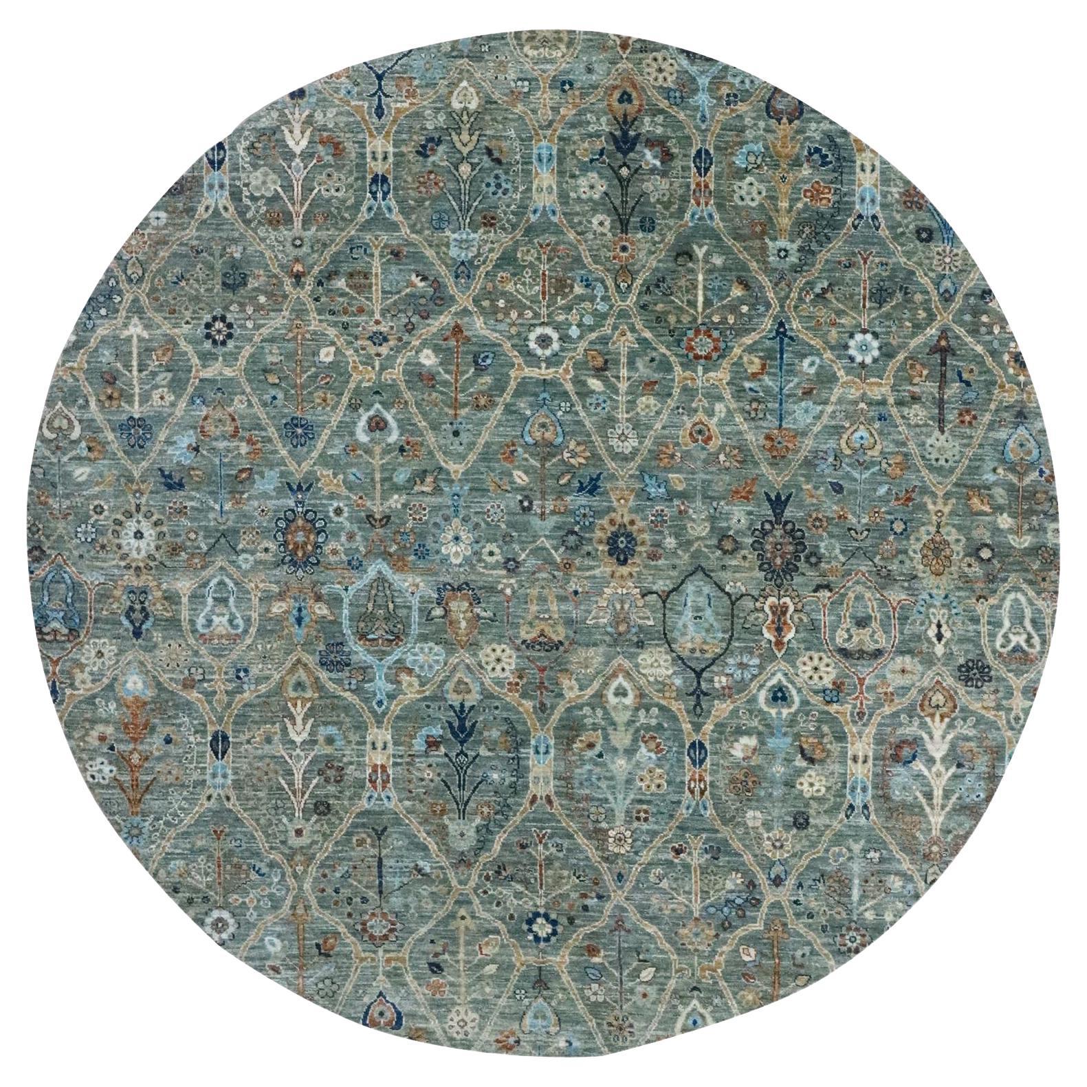 8'x8' Green Trellis Borderless Garden Design Hand Knotted Wool Round Rug For Sale