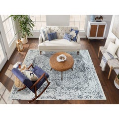 8'x8' Hand Knotted Gray Erased Persian Design Wool and Pure Silk Square Rug