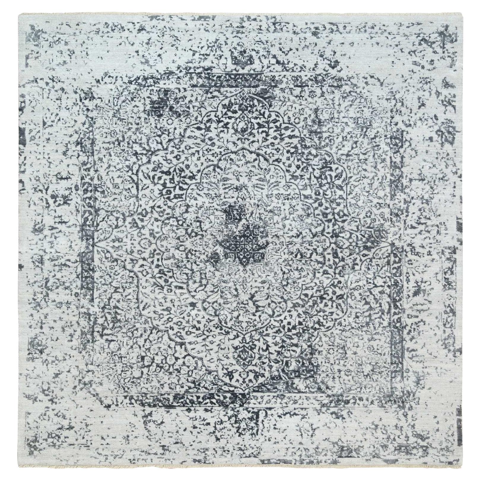 Alfombra Cuadrada de Lana y Seda Pura con Diseño Persa Borrada Gris Anudada a Mano 8'x8'