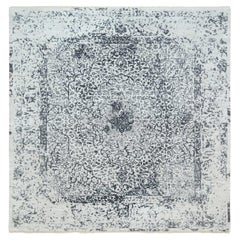Alfombra Cuadrada de Lana y Seda Pura con Diseño Persa Borrada Gris Anudada a Mano 8'x8'