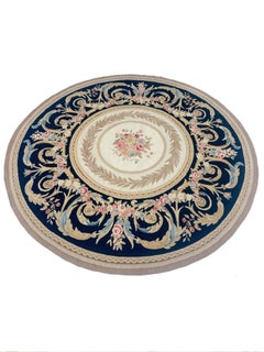 8x8 Hand Knotted Round French Aubusson Style Area Rug, Floral Medallion Design