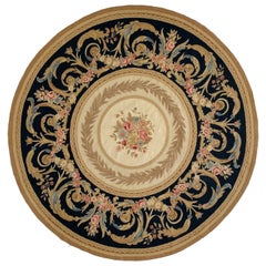 8x8 Hand Knotted Round French Aubusson Style Area Rug, Floral Medallion Design