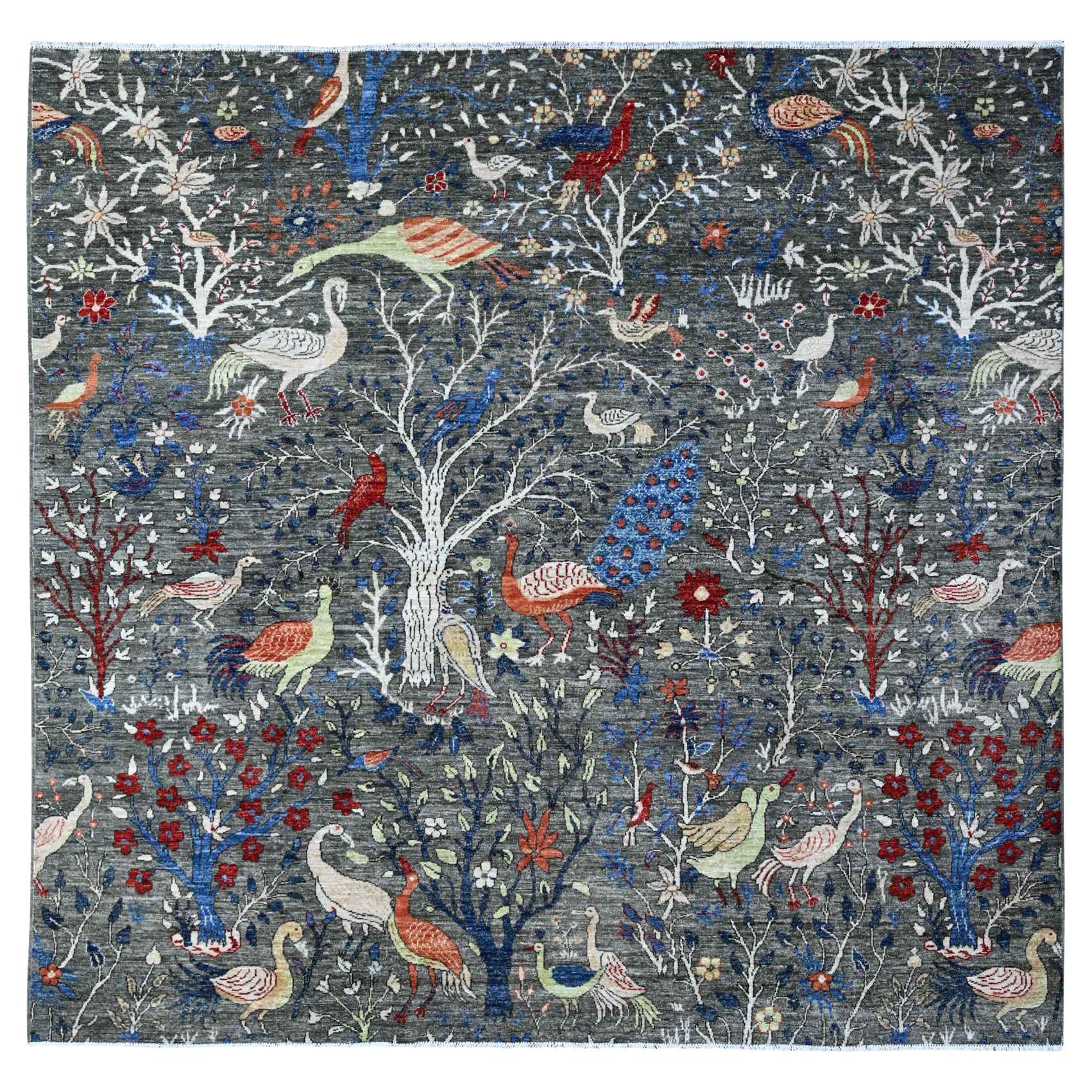8'x8' Iridium Gray Afghan Peshawar Hand Knotted Soft Wool Oriental Rug