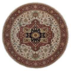 8'x8' Ivory Antiqued Fine Heriz Re-Creation Hand Knotted Soft Wool Round Rug
