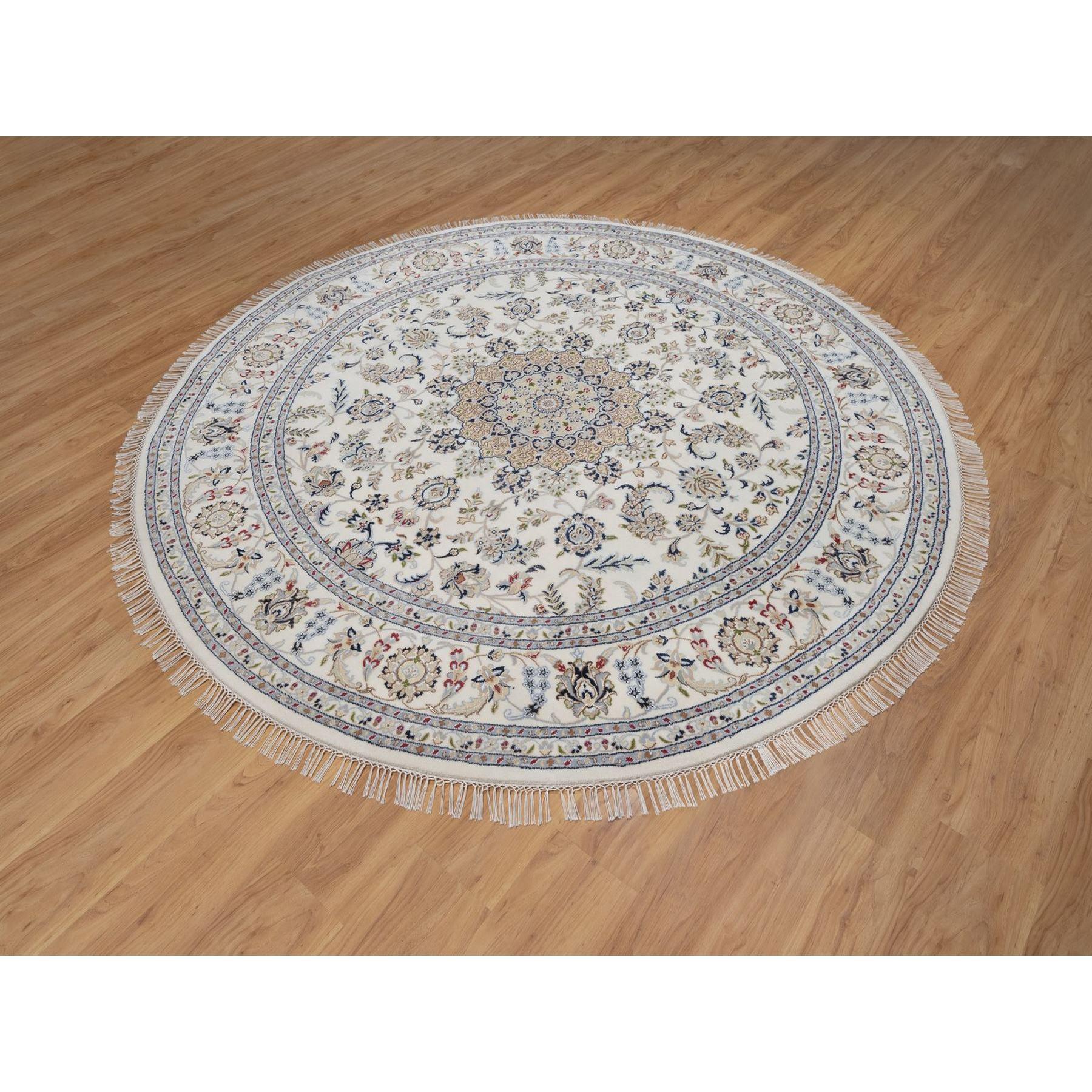 Medieval 8'x8' Ivory Nain with Medallion Design Hand Knotted Wool and Silk Round Rug For Sale