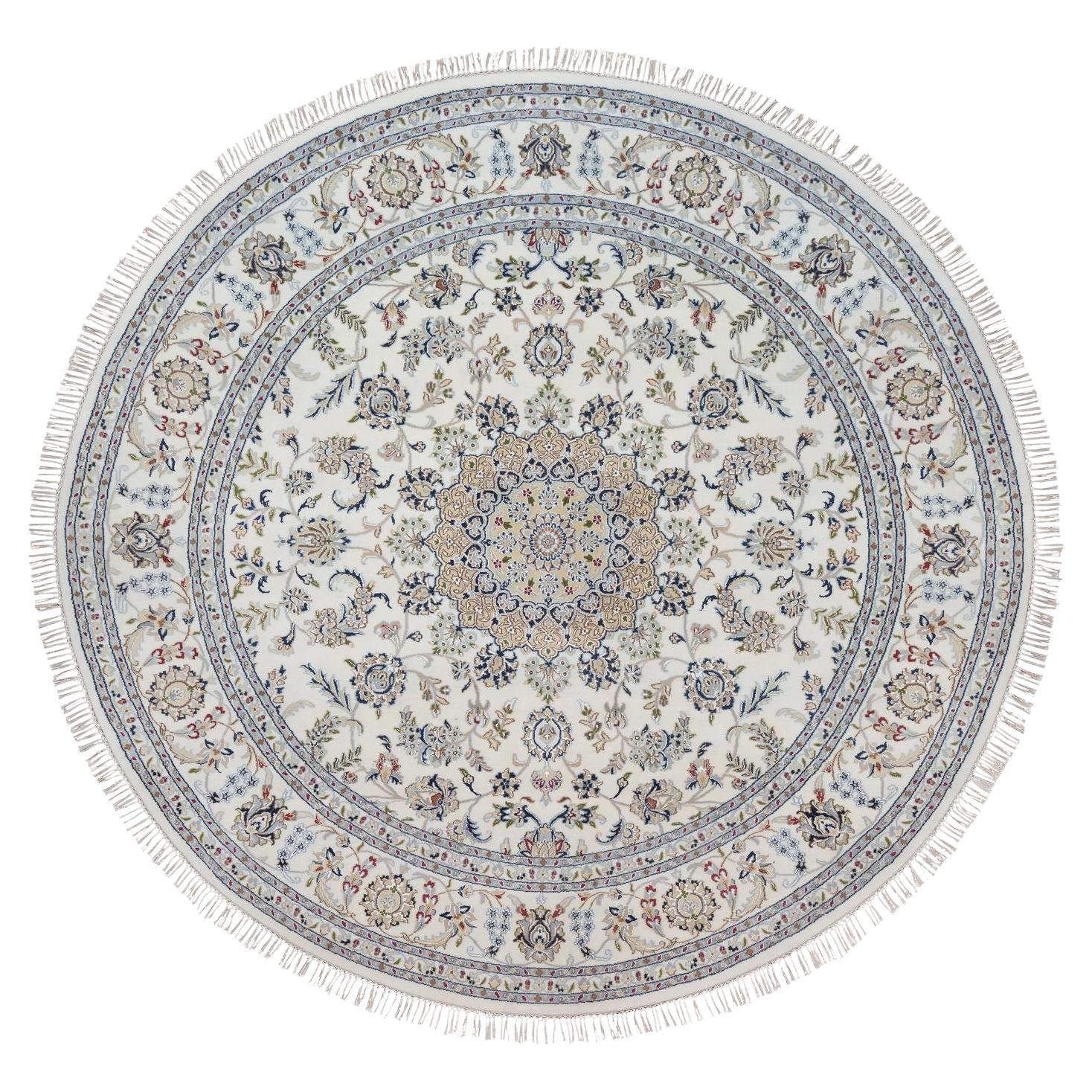8'x8' Ivory Nain with Medallion Design Hand Knotted Wool and Silk Round Rug