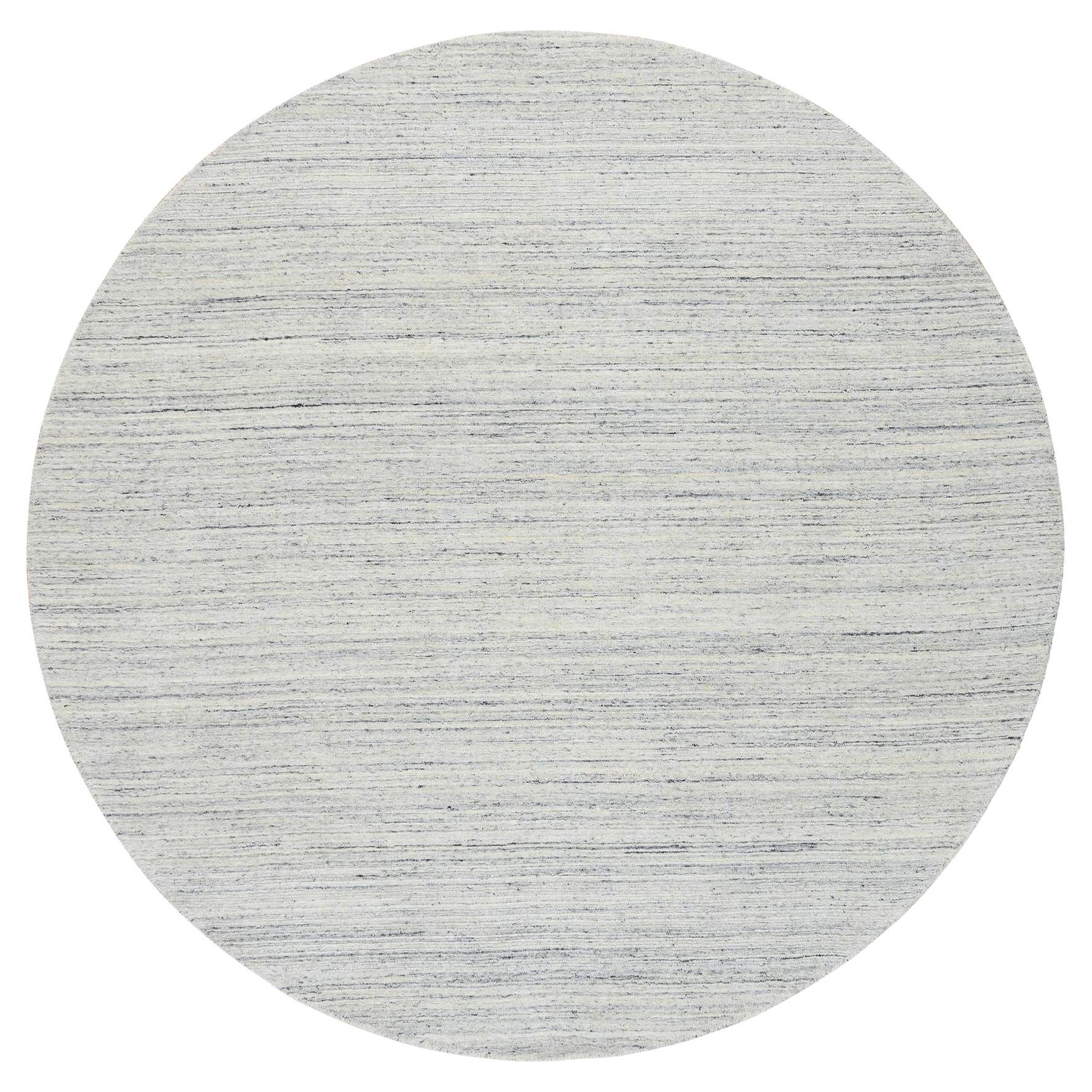 8'x8' Avorio, Tappeto rotondo liscio a righe moderne, in morbida lana lavorata a mano