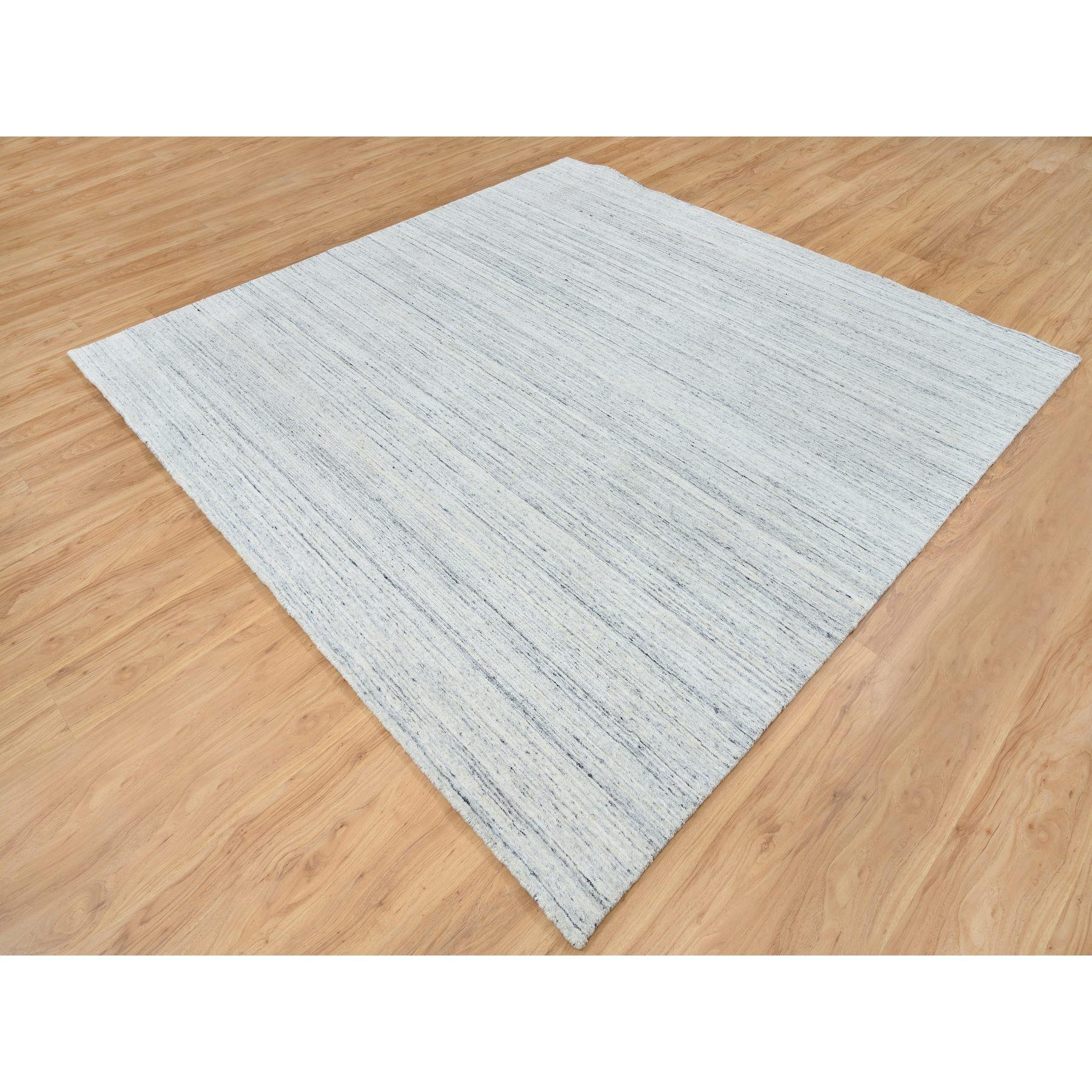 Indian 8'x8' Ivory Plain Modern Striae Design Soft Wool Hand Loomed Square Rug For Sale