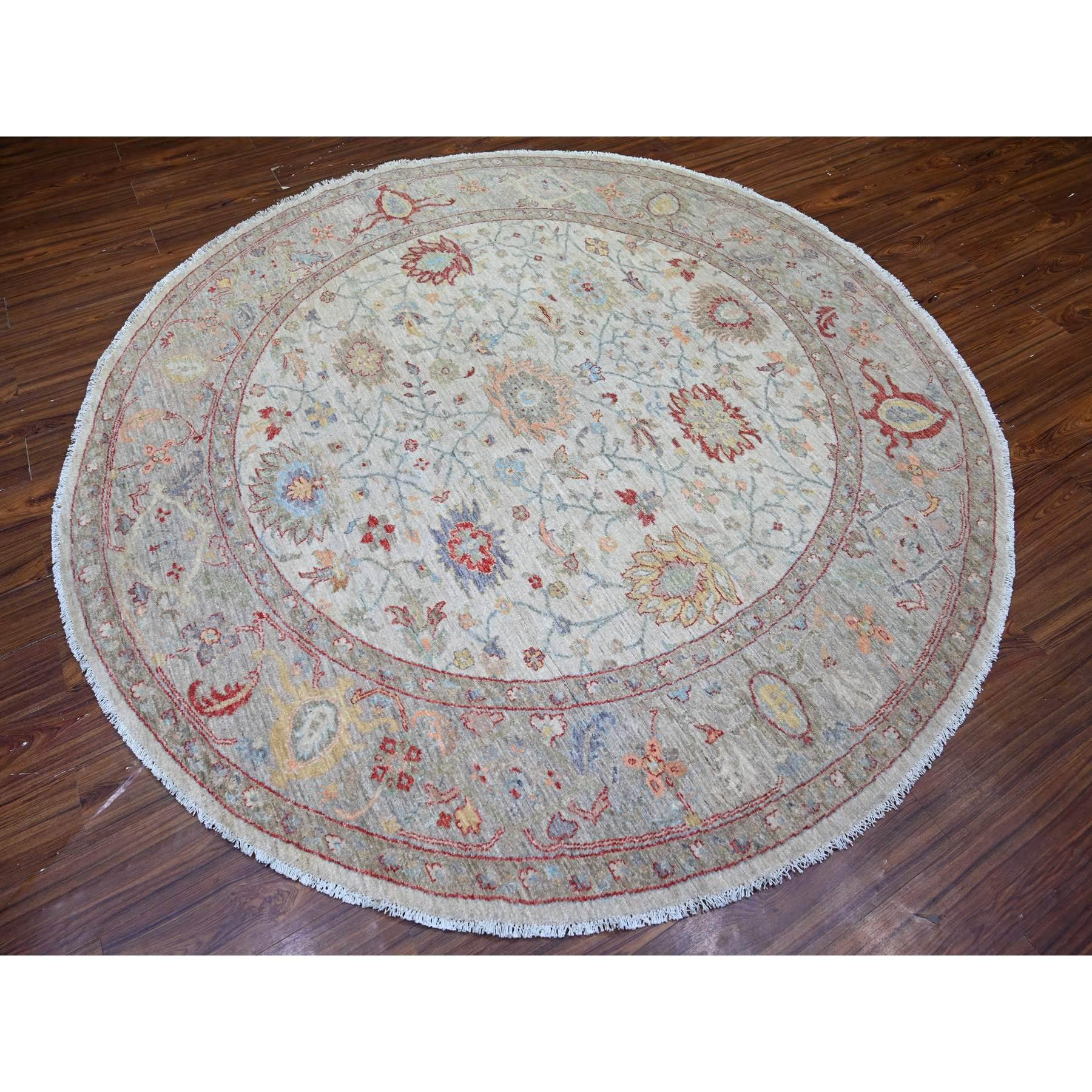 Afghano 8'x8' Ivory Ziegler Mahal Tappeto orientale rotondo in pura lana annodato a mano in vendita