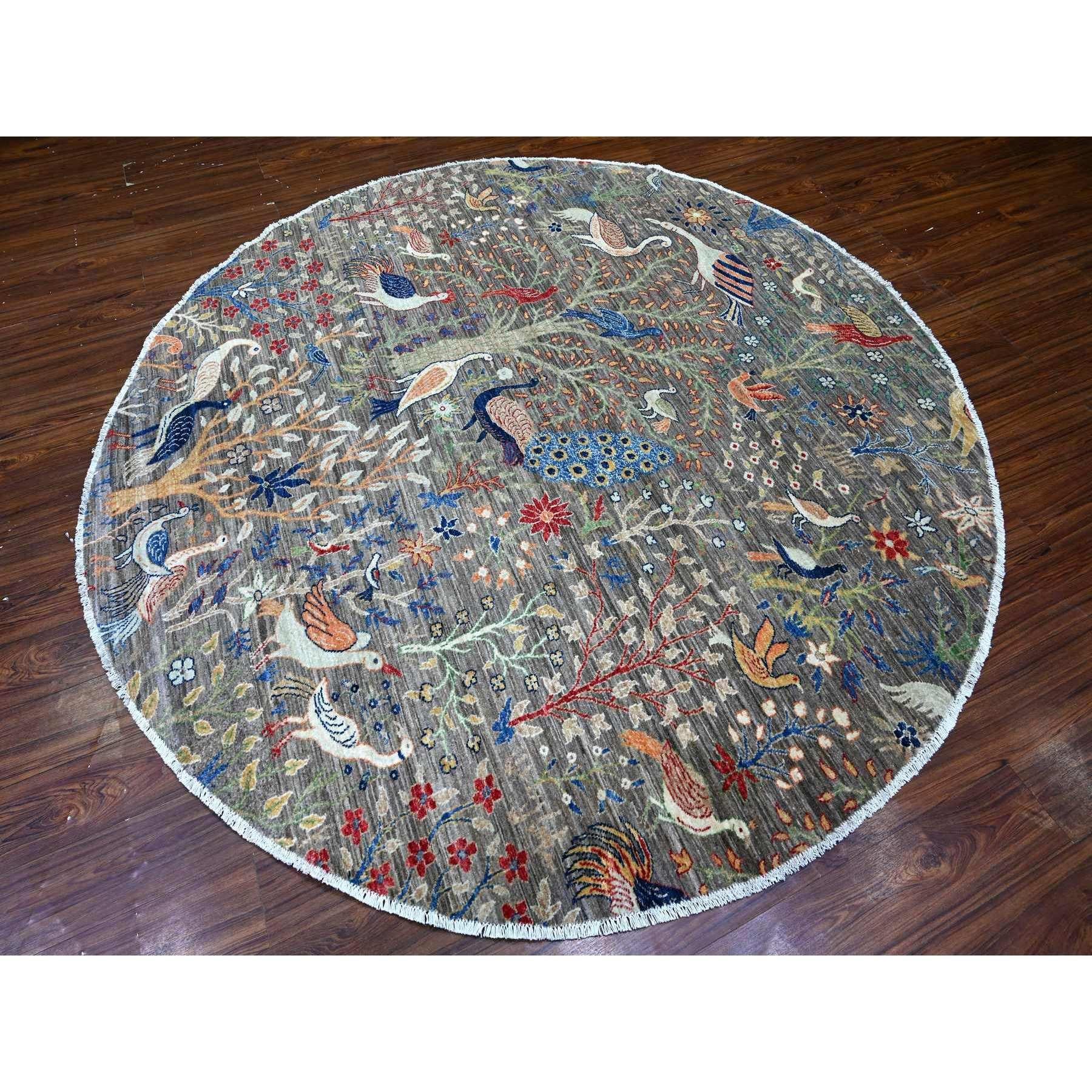Oushak 8'x8' Jet Gray Tappeto rotondo in morbida lana afgana Peshawar Abrash annodato a mano in vendita