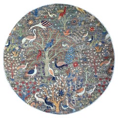 8'x8' Jet Gray Hand Knotted Soft Wool Afghan Peshawar Abrash Round Rug