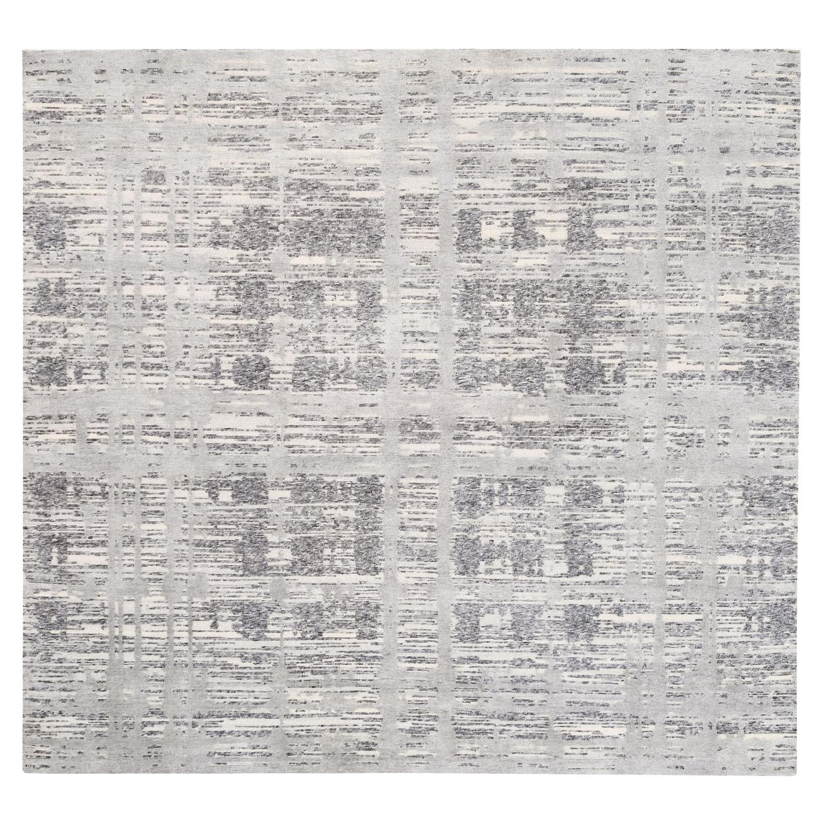 8'x8' Tappeto quadrato in lana annodato a mano, grigio chiaro, moderno con disegno a croce cancellato in vendita