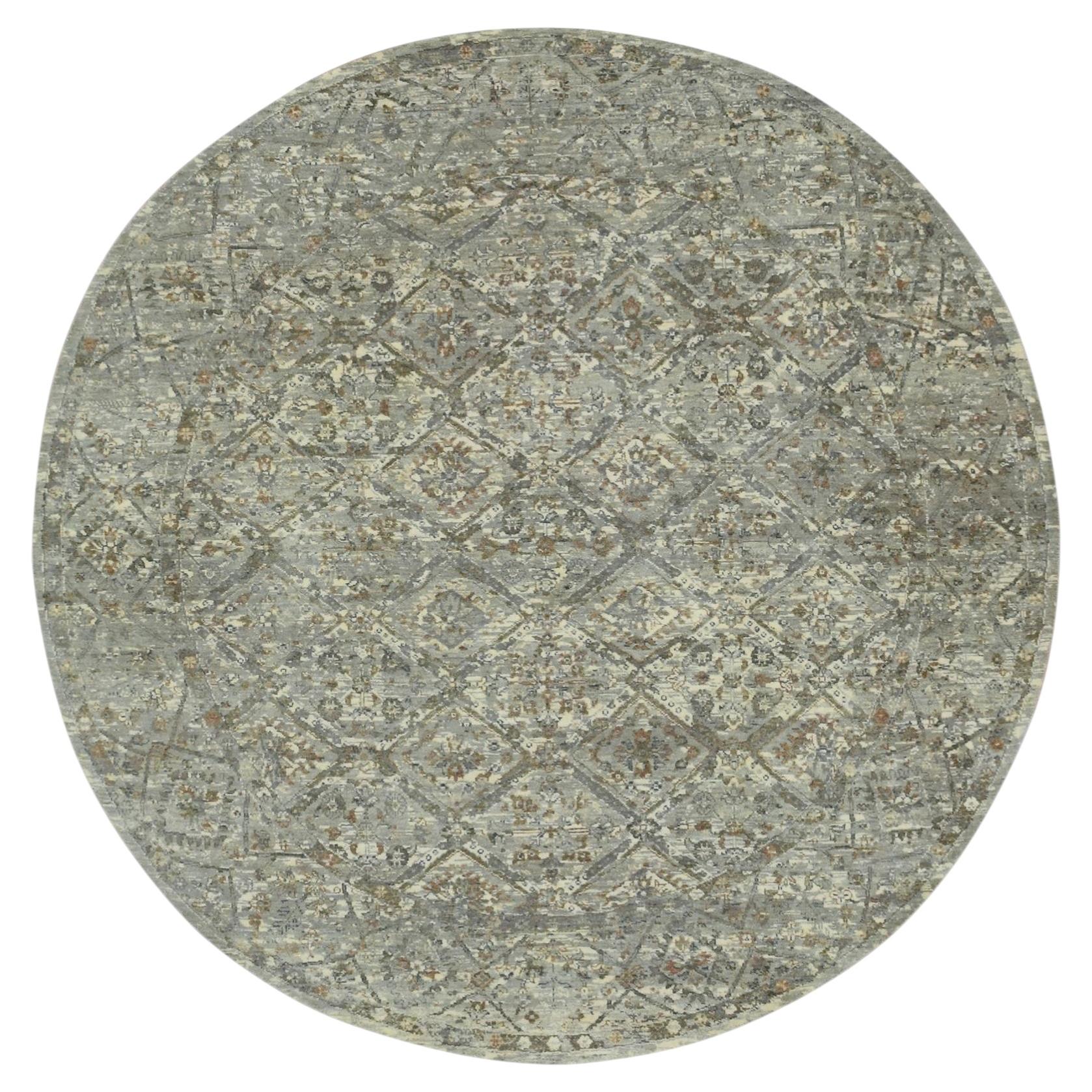 8'x8' Medium Gray Hand Knotted Erased & Broken Garden Design Wool Round Rug For Sale