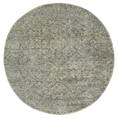 8'x8' Medium Gray Hand Knotted Erased & Broken Garden Design Wool Round Rug