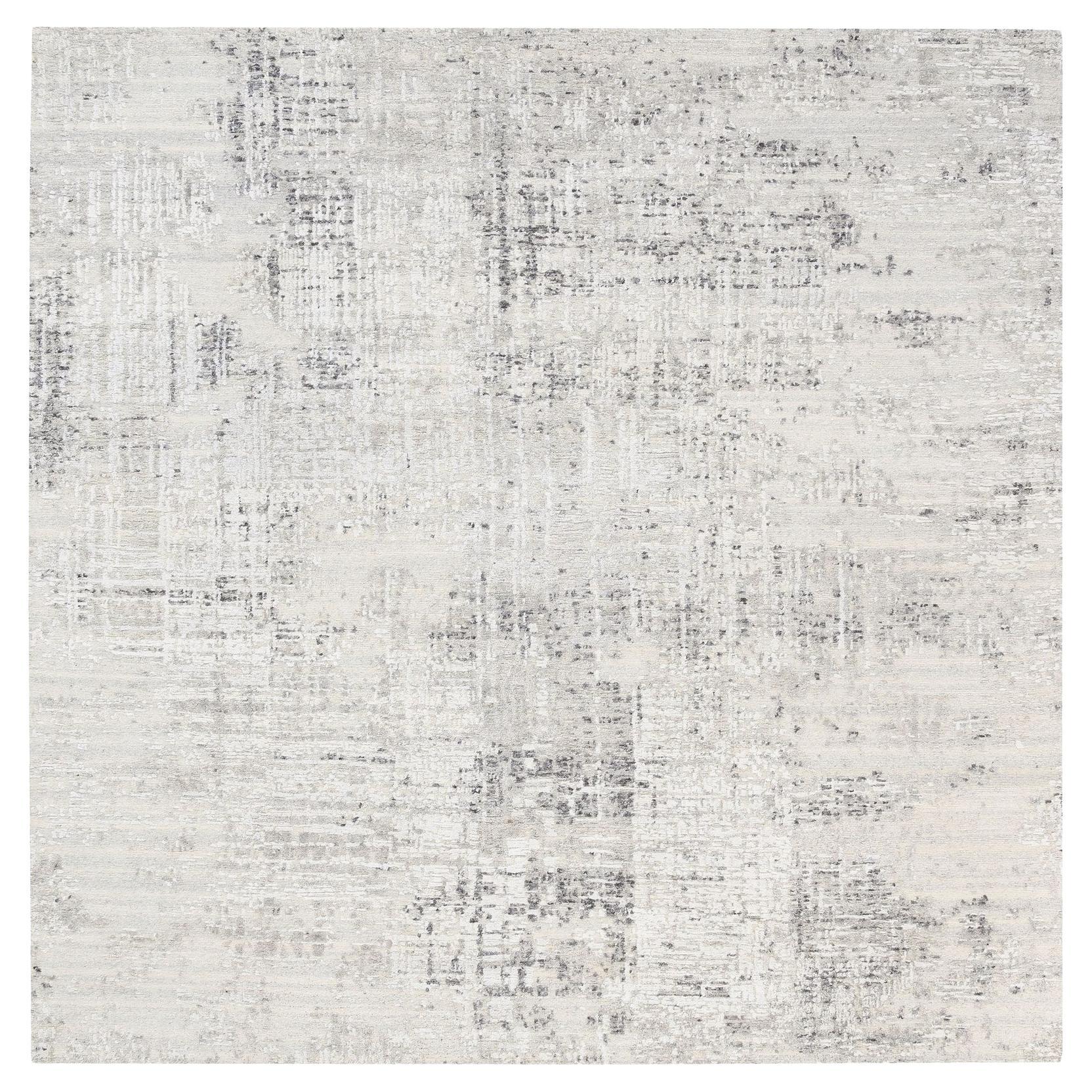 8'x8' Tapis carré moderne en laine naturelle non teintée, tissé à la main, gris clair