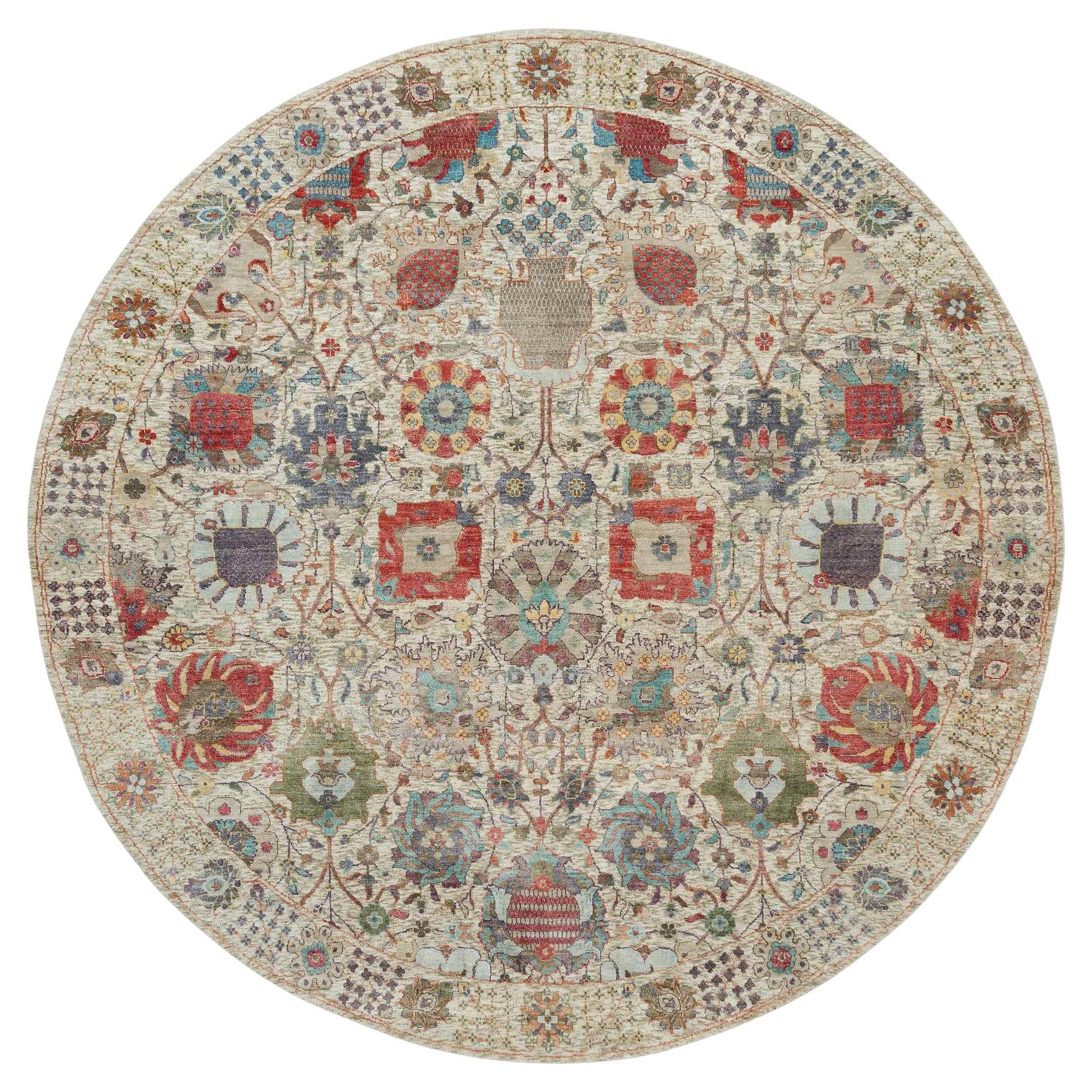 8'x8' Tappeto rotondo Old Lace White annodato a mano in seta e lana con vaso Tebraz in vendita