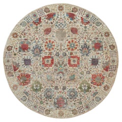 8'x8' Tappeto rotondo Old Lace White annodato a mano in seta e lana con vaso Tebraz