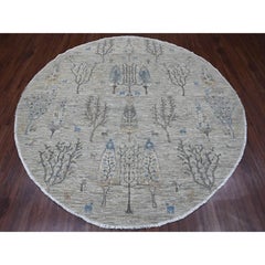 8'x8' Oyster Gray Willow and Cypress Tree Design Hand Knotted Wool Round Rug